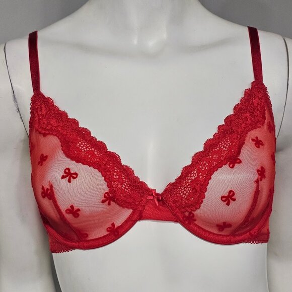 VS Tease Lace-Trim Unlined Demi Bright Vermillion Bows - Picture 2 of 8